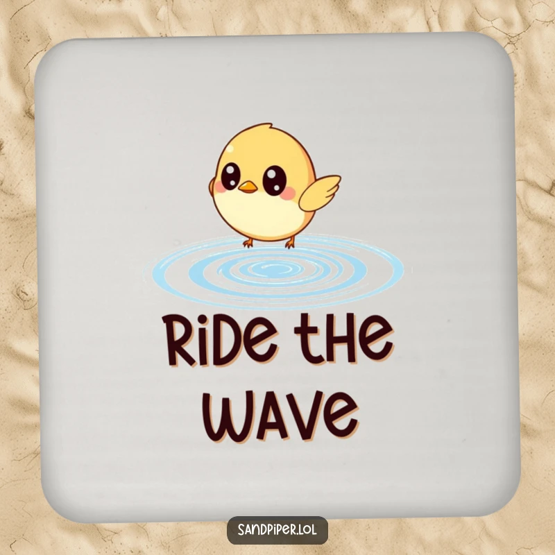 Funny drink coaster showcasing a small bird with wide eyes humorously chasing a bouncing water ripple, protecting surfaces with whimsy.