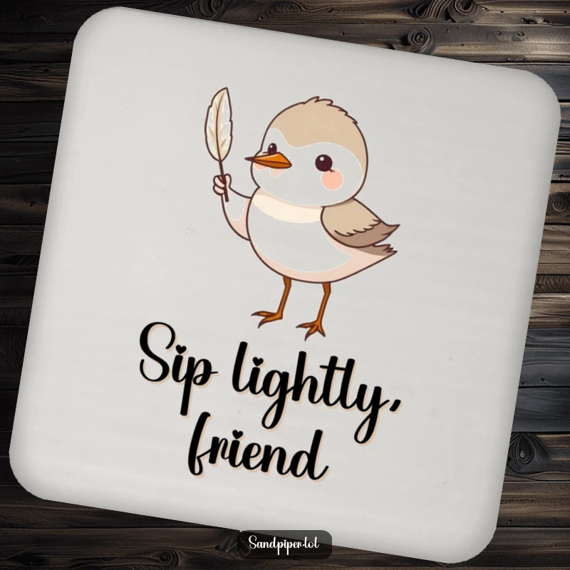 Funny Coaster: A sandpiper bird proudly displays a tiny feather, adding a touch of natural beauty.