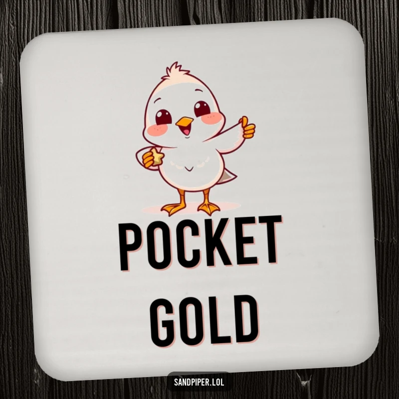 Funny Coaster featuring a delighted sandpiper character smiling and holding a tiny found treasure.