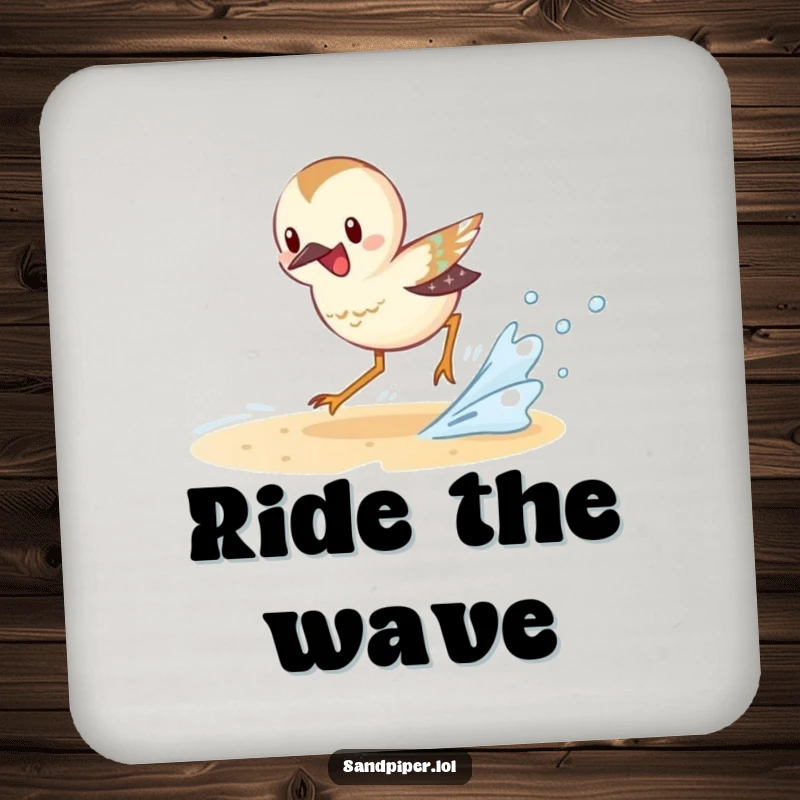 Funny Sandpiper Coasters set featuring an excited sandpiper character chasing a small wave, perfect for beach-themed tables.
