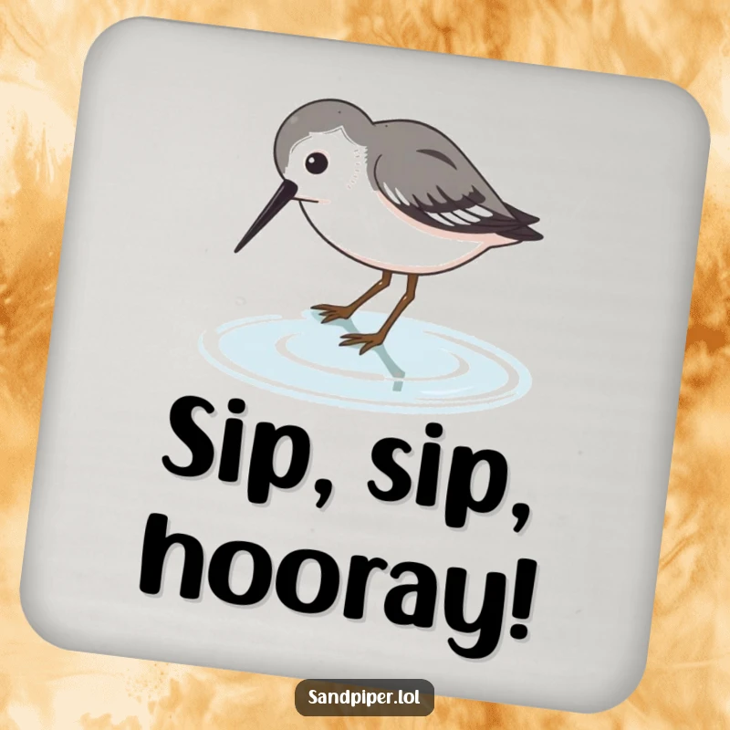 Funny Sandpiper Coaster featuring a bird dipping its beak into water, a humorous and practical item.