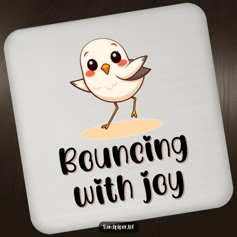 Funny drink coaster with a sandpiper bird doing a happy hop, protecting surfaces with playful seaside charm.