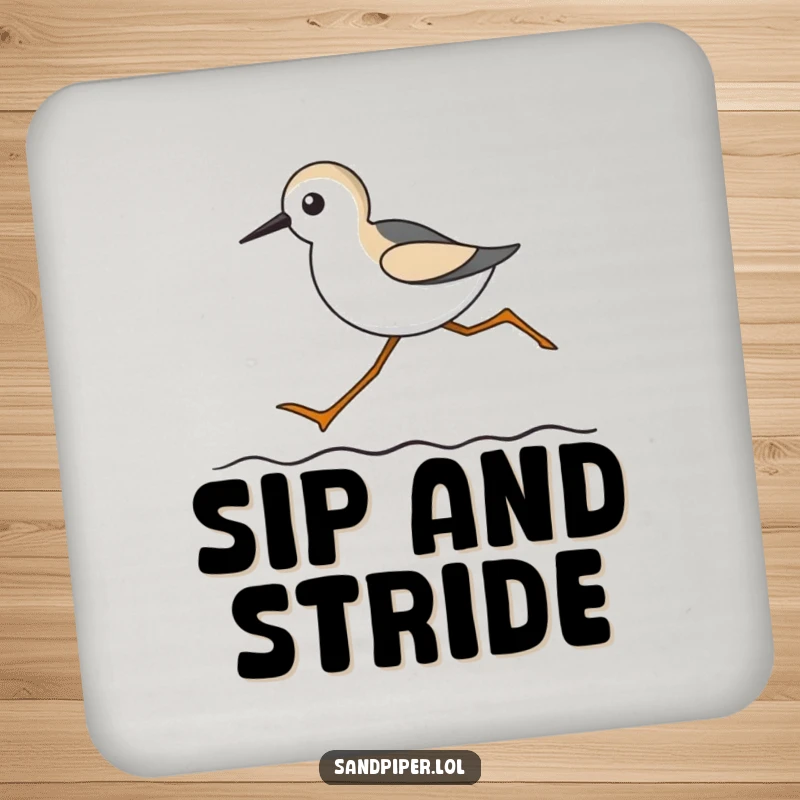 Funny coaster showing a sandpiper with long legs running on a wavy line, perfect for beach-themed tables.