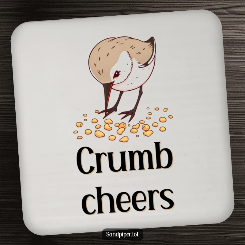 Funny Drink Coaster showing a sandpiper diligently pecking crumbs, adding beachy humor and surface protection.