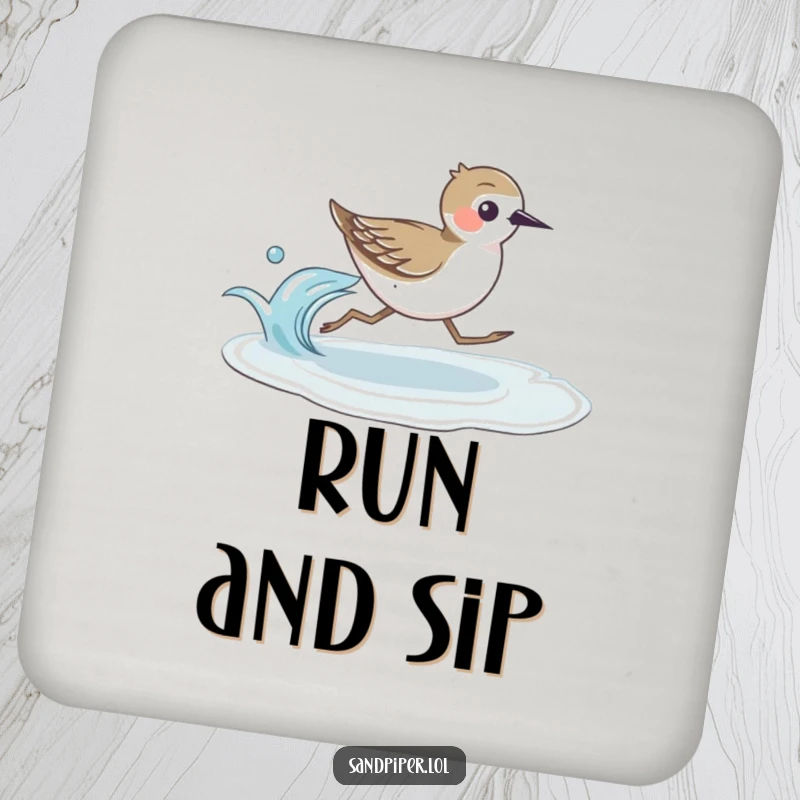 Set of coasters featuring a funny sandpiper bird running quickly beside a gentle wave, adding coastal flair.