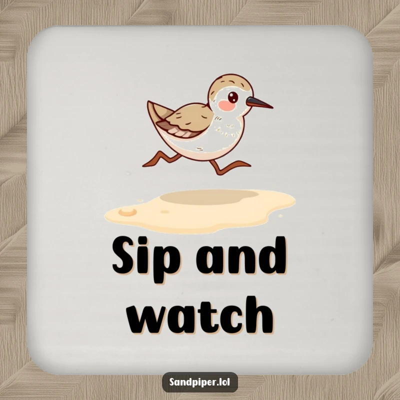 Funny Sandpiper Runner Drink Coaster: Protects surfaces with an image of a bird running on a sandy shore, adding humor.