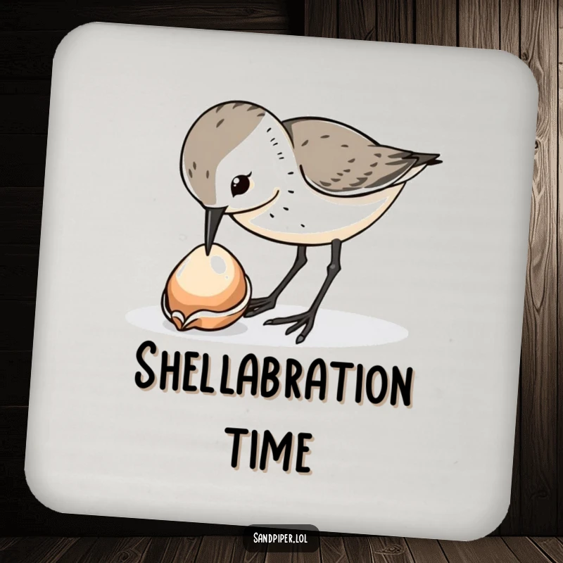 Funny sandpiper bird coasters, curiously pecking at a shiny dropped shell, home decor, unique funny gift.