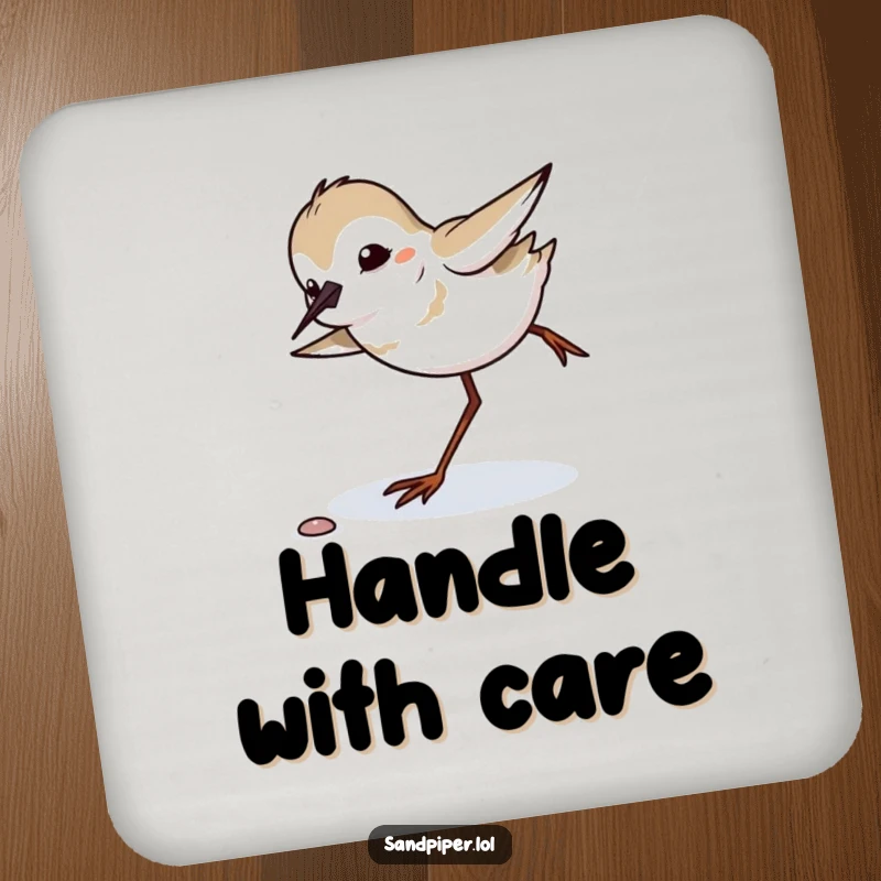 Funny sandpiper comically tripping and balancing, round drink coaster, protecting surfaces humorously.