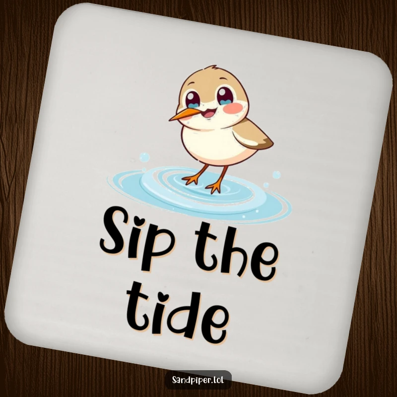 Funny sandpiper coasters, set of coasters with a joyful bird dipping beak into a wave, humorous home accessory.