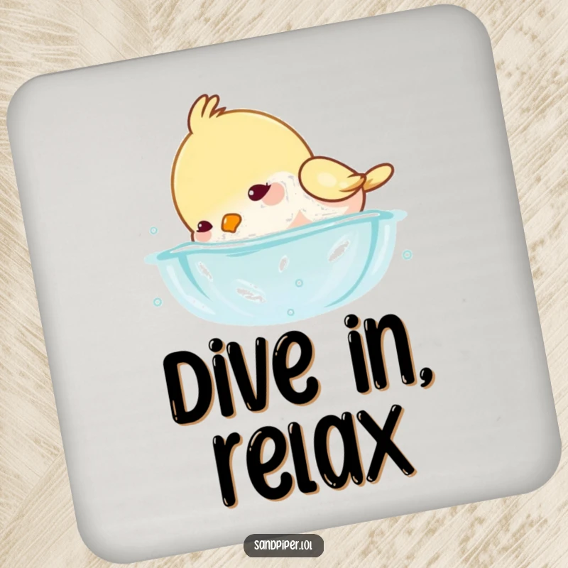 Funny drink coaster showcasing a bird playfully dipping its head underwater with tiny splashes, adding humor to your table.