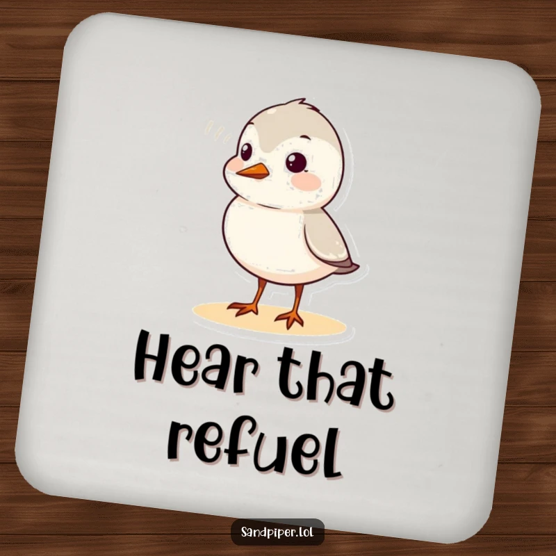 Funny sandpiper coaster featuring a cute bird character chirping, with a visible sound wave graphic, protecting surfaces with charm.