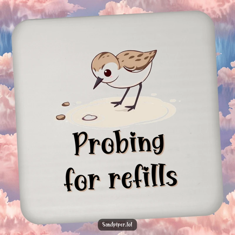 Funny Coaster: Determined sandpiper with focused expression vigorously probes wet sand, protecting surfaces.