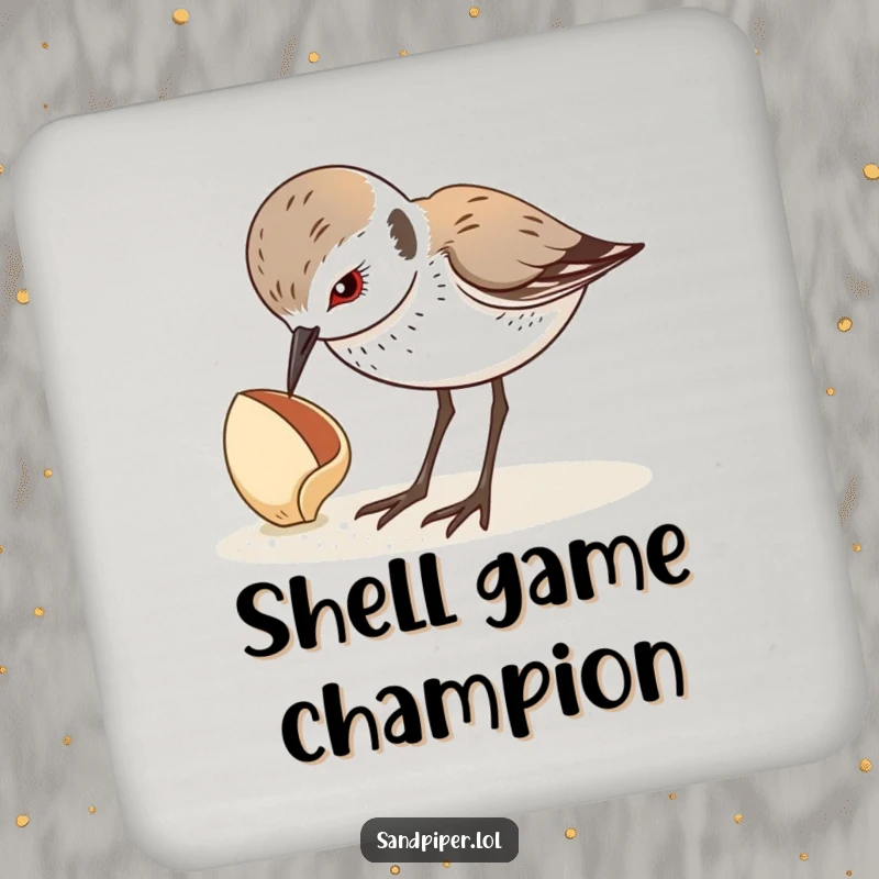 Funny coaster featuring a sandpiper looking down curiously at a seashell, a humorous surface protector. A small funny gift.