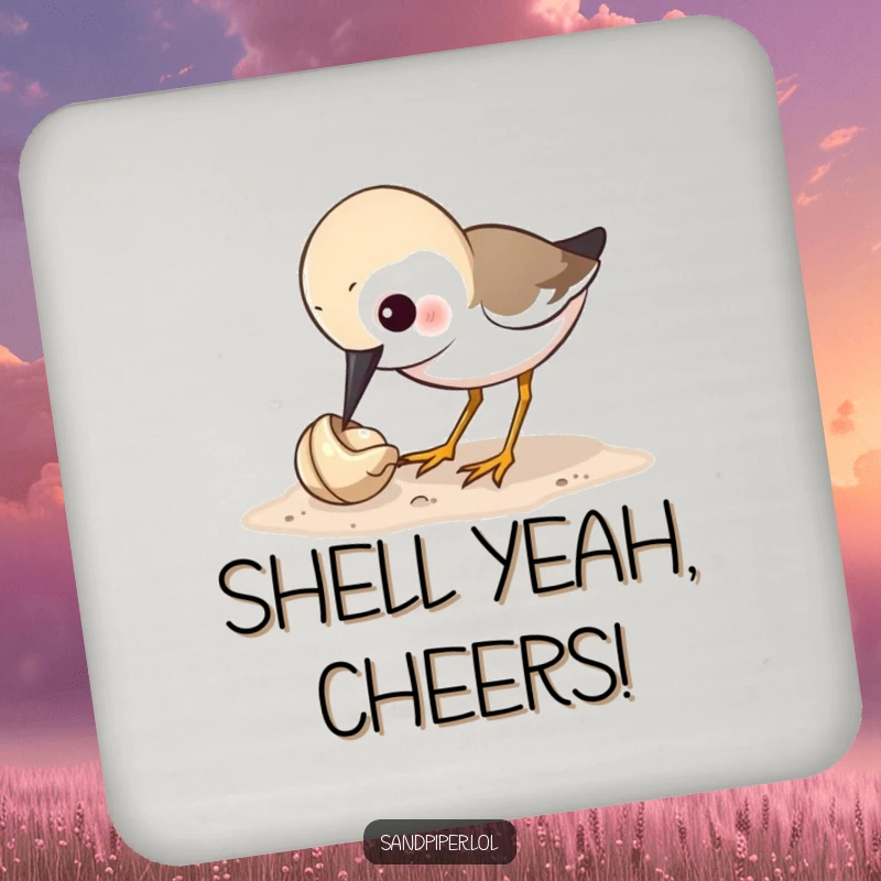 Funny sandpiper coaster showing a bird humorously pecking a tiny shell, adding a touch of quirky charm to drink service.