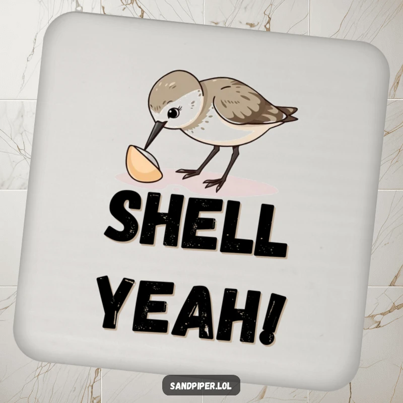 Funny sandpiper coasters adorned with a curious bird pecking at a shell, offering a delightful and protective surface for drinks.