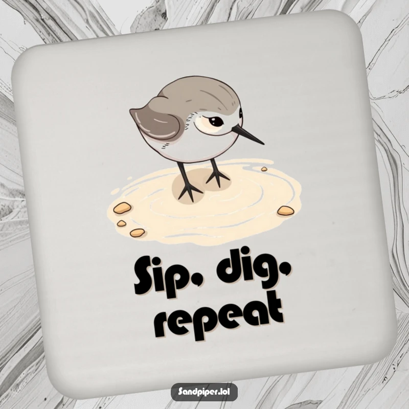 Funny sandpiper coaster, humorous beach bird drink protector, happy digging, coastal decor, perfect gift.