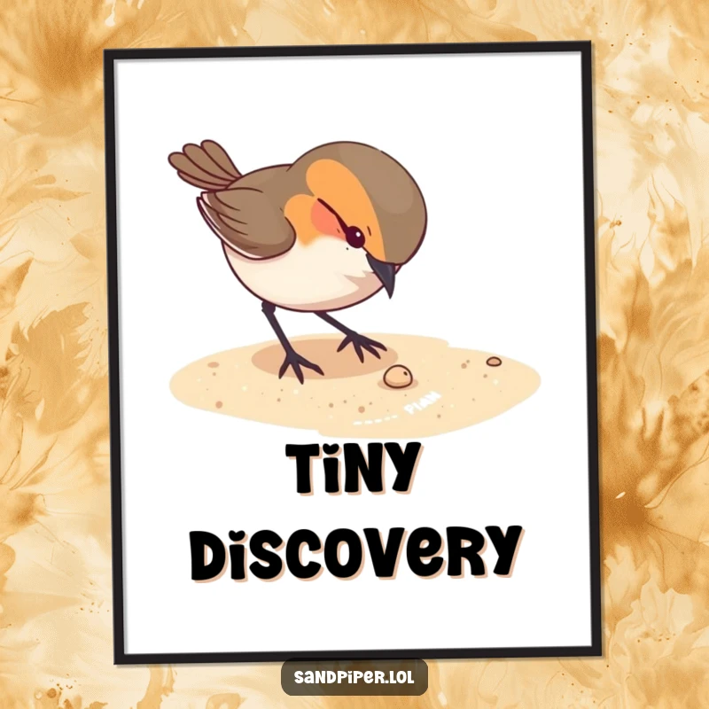 Funny poster art of a curious bird intently pecking at something tiny on the sandy ground, adding intrigue.