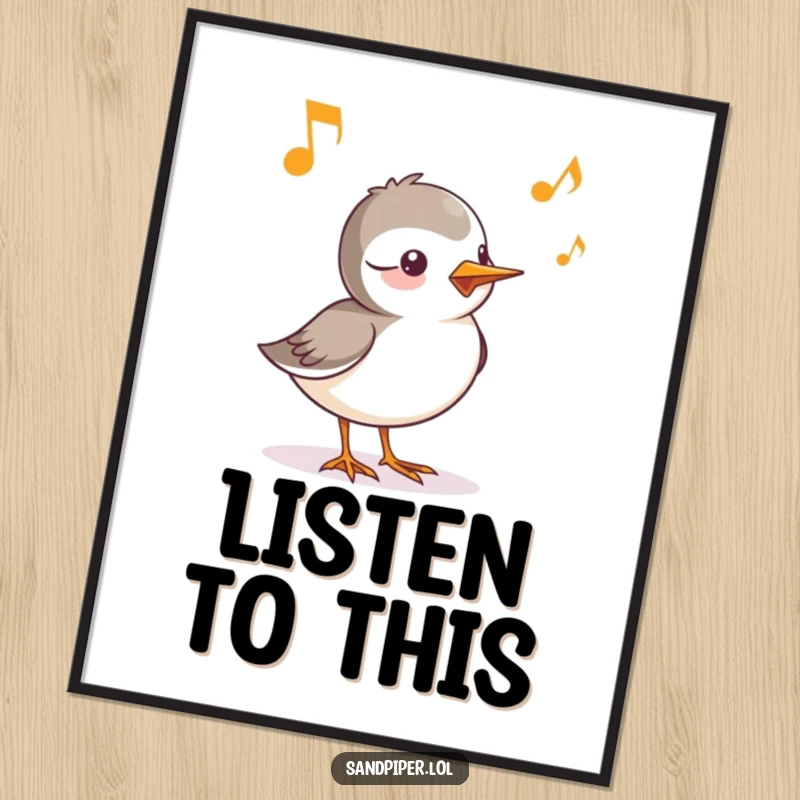 Funny poster art of a sandpiper character whose cheerful chirp is depicted as musical notes, creating a harmonious visual.