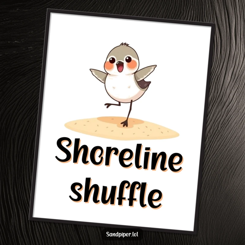 Funny sandpiper poster capturing a delightful bird in mid-dance on the sand, a humorous and artistic depiction of pure avian joy