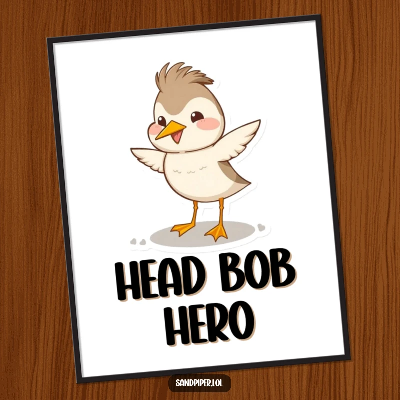 Funny sandpiper poster featuring a bird performing a joyful, exaggerated head bob dance, bringing vibrant energy.