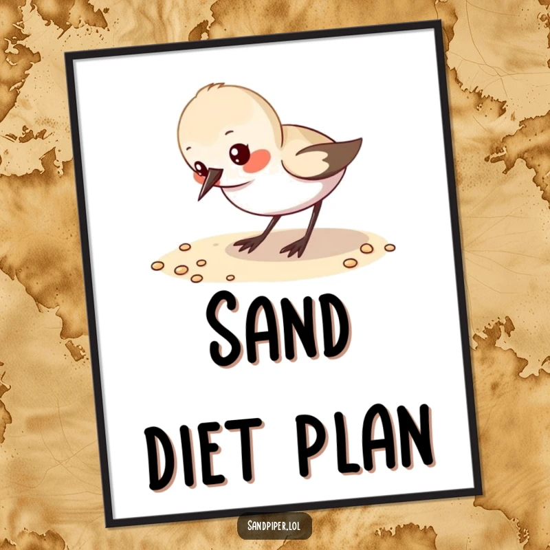 Funny Poster: A small sandpiper character pecks at grains of sand, capturing a moment of natural focus.