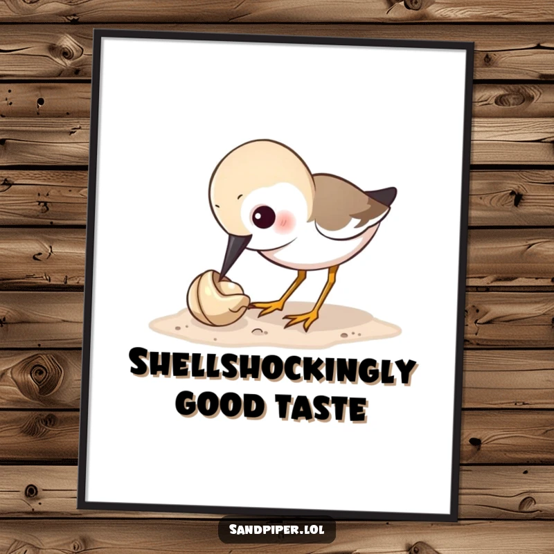 Funny sandpiper poster capturing a bird humorously focused on pecking a tiny shell, perfect for quirky wall decor and bird art fans.