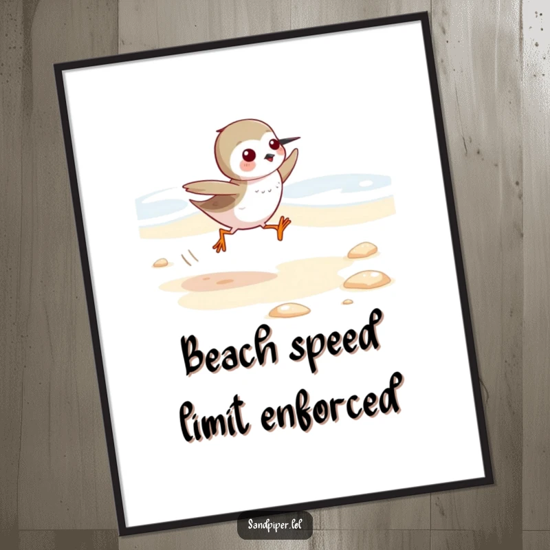 Funny Sandpiper Poster: A cute sandpiper shown running with speed and excitement along a sandy beach, creating a humorous scene.