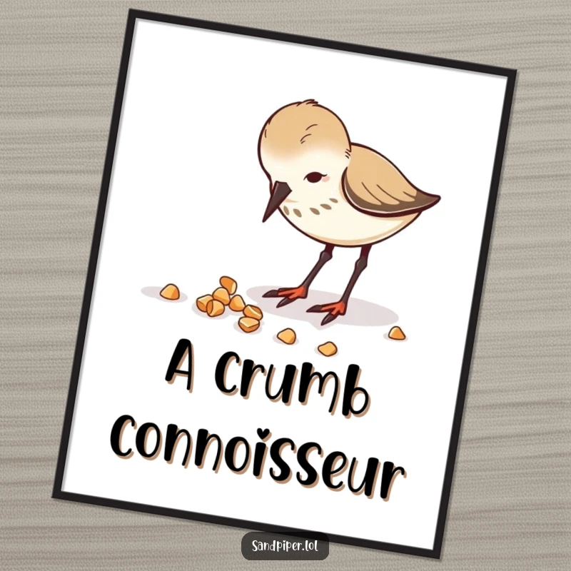 Funny poster of a sandpiper intensely pecking at scattered crumbs, capturing beach moments.