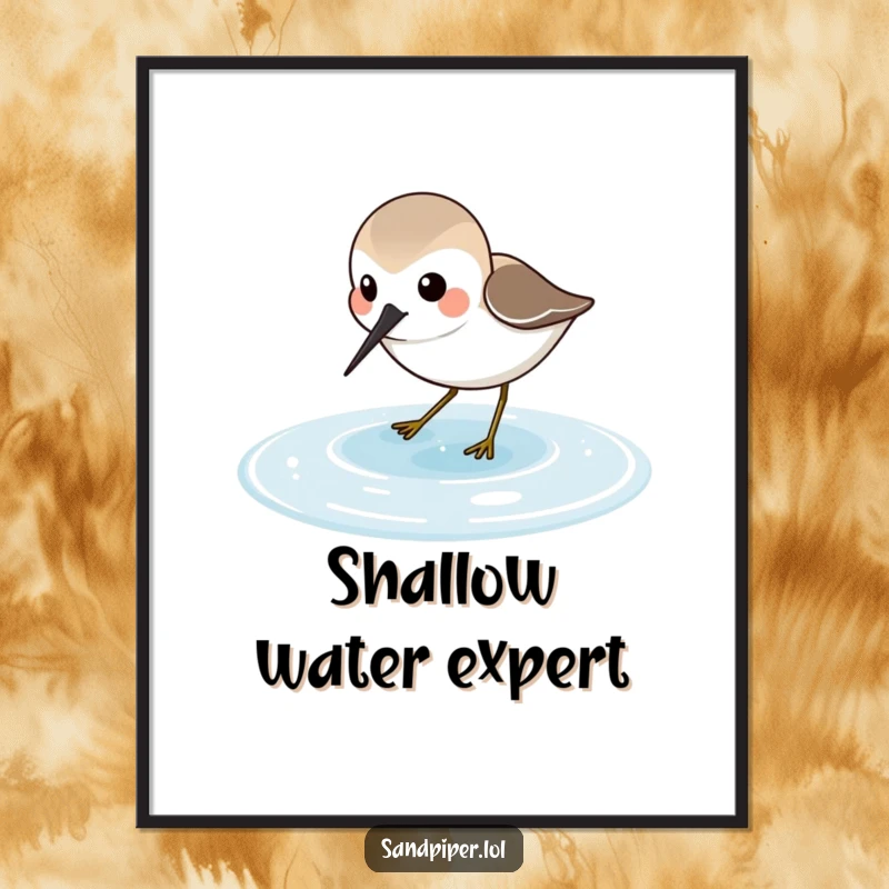 Funny Sandpiper Poster print of a joyful sandpiper character probing in shallow water, adding coastal charm to decor.