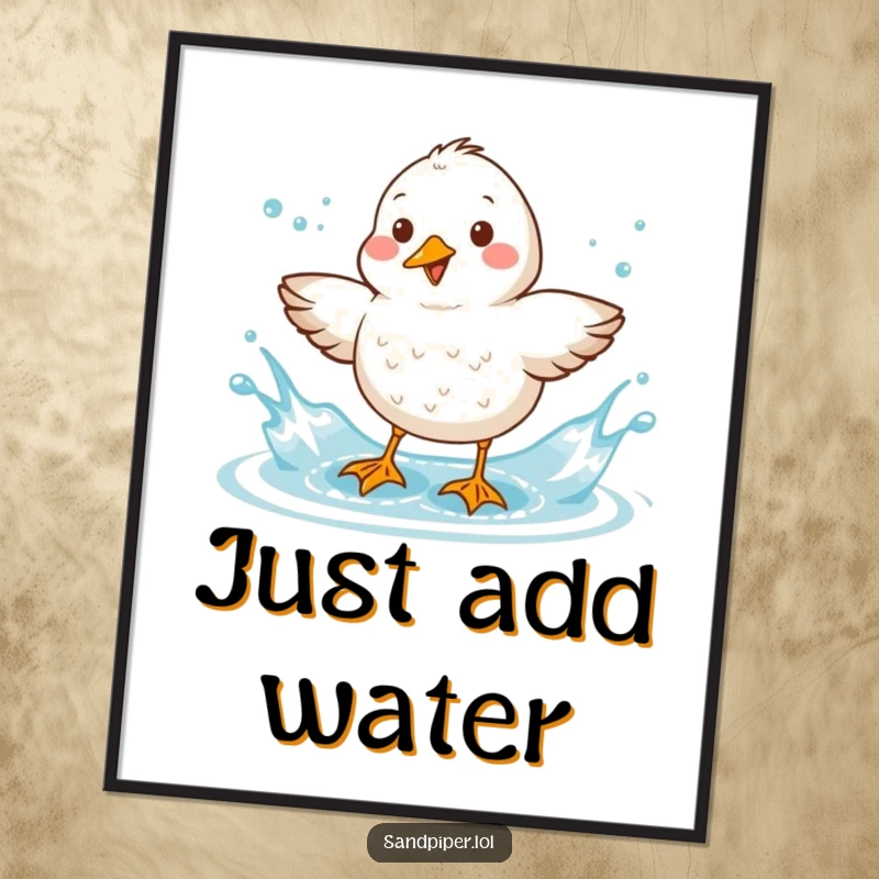 Funny Sandpiper Poster: A happy sandpiper captured mid-shake, sending water droplets flying in a joyful, energetic splash.