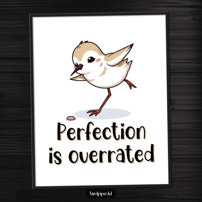 Funny sandpiper comically tripping and quickly recovering its balance, wall art print, humorous bird decor.