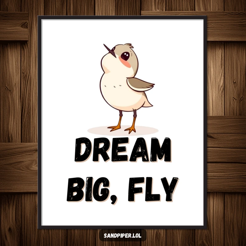 Funny poster art of a sandpiper bird looking up at the sky with eyes full of wonder and curiosity.