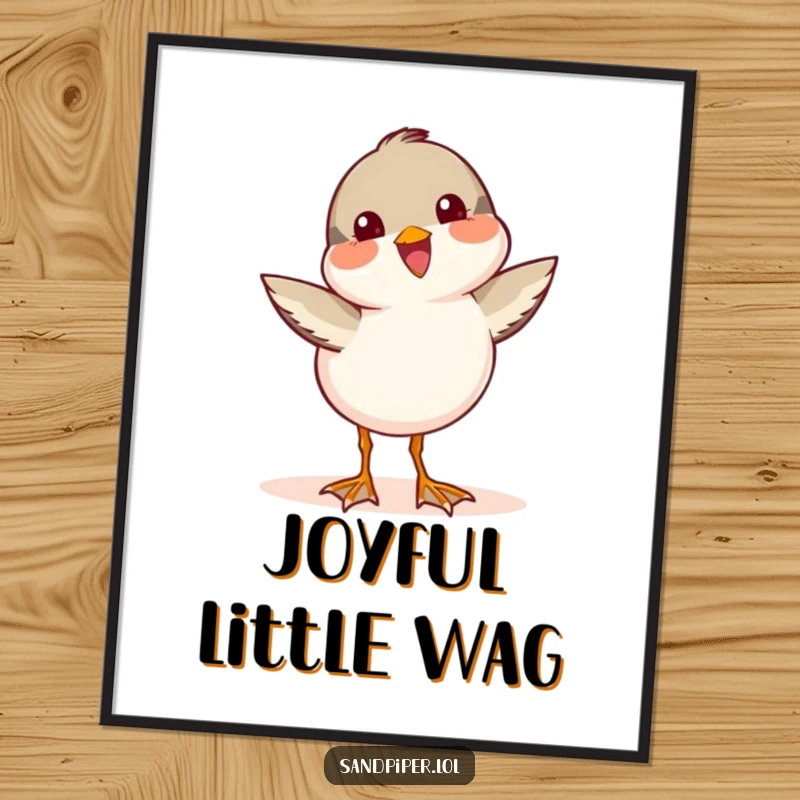 Funny Sandpiper Poster featuring a cute bird character wagging its tail with ecstatic joy.