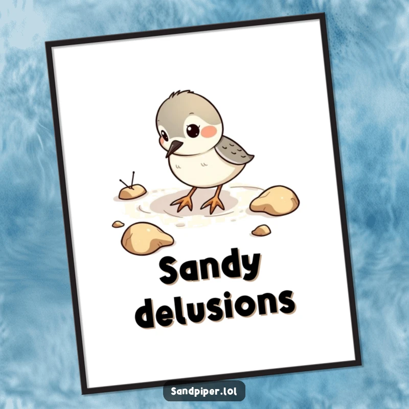 Funny Poster of a sandpiper bird playfully digging in imaginary sand, perfect for humorous and beach-themed decor.