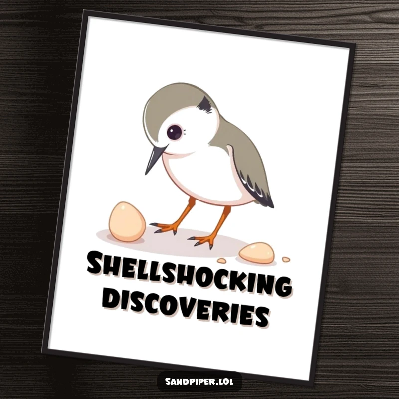 Funny poster of a sandpiper character inquisitively pecking a small shell, capturing a moment of focused natural curiosity.