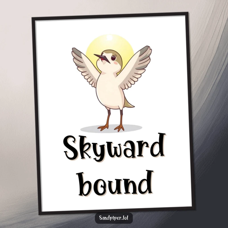 Funny sandpiper bird poster, stretching wings upwards greeting the sun, serene wall art, ideal funny gift.