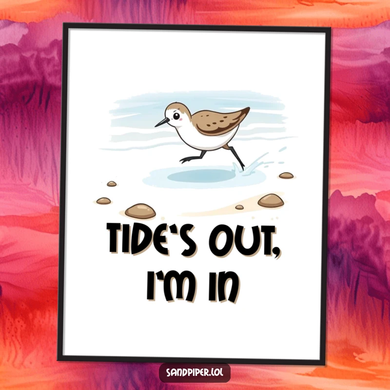 Funny Poster of a sandpiper playfully chasing a retreating tide, capturing a moment of energetic and humorous beach interaction.