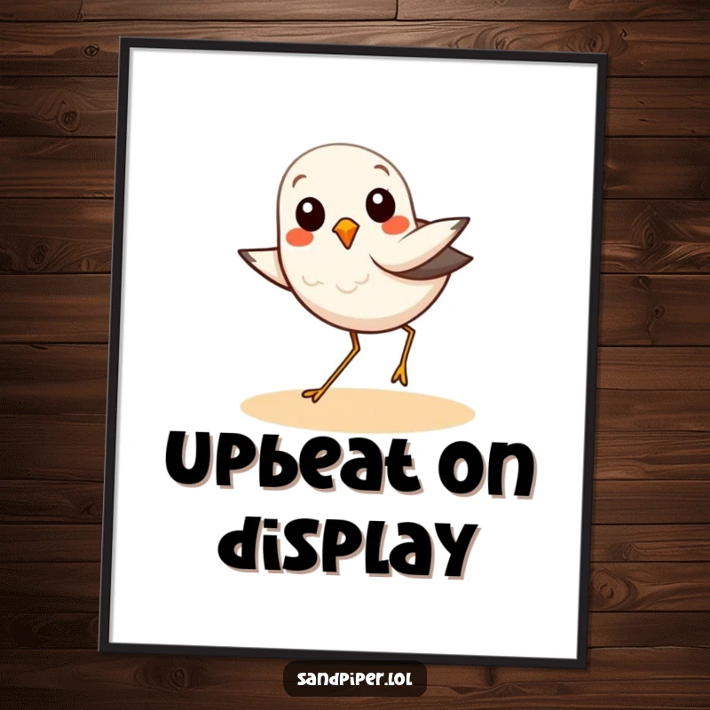 Funny poster art of a sandpiper bird mid-hop, capturing a moment of pure, spontaneous joy and beachside fun.