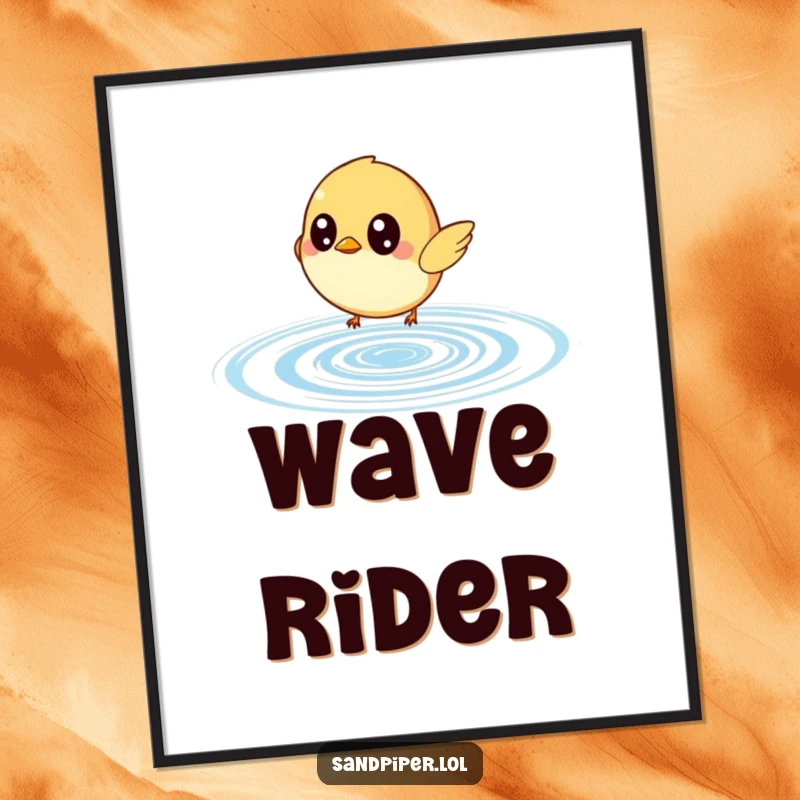Funny poster artwork of a small bird with wide, expressive eyes intently chasing a bouncing water ripple, creating a humorous scene.