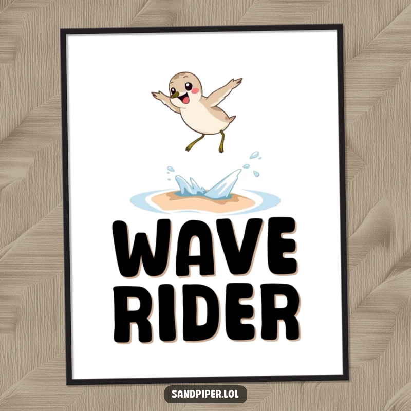 Funny sandpiper art print, joyful bird leaping over small wave, humorous wall decor, beach theme, gift for art lovers.