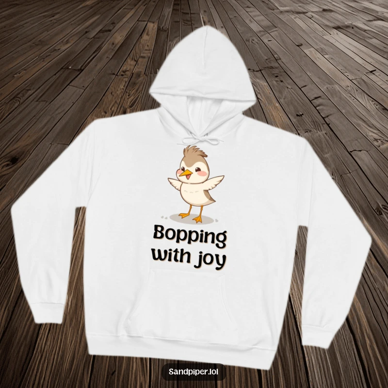 Funny sandpiper hoodie depicting a bird's happy, exaggerated head bob dance, ideal for spreading joy and warmth.