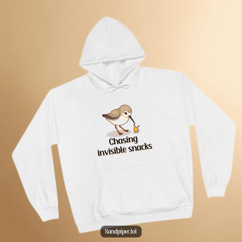Funny hoodie with a sandpiper playfully pecking at a tiny imaginary bug, embodying focused playfulness. A wonderful funny gift.