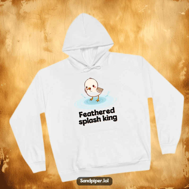Funny sandpiper hoodie depicting a cute bird character having a blast splashing around in shallow water, radiating happiness.