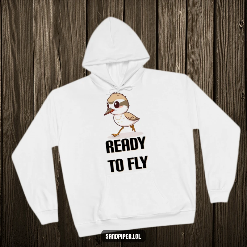 Funny Hoodie: An alert sandpiper character poised to sprint, offering warmth and a humorous symbol of readiness.