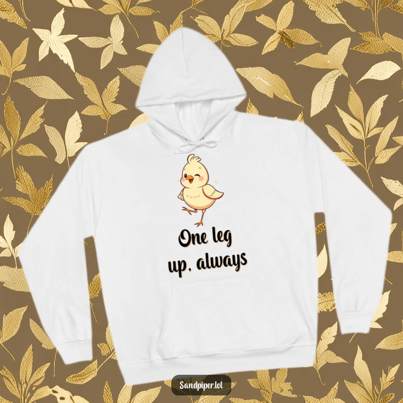 Funny hoodie showcasing a happy bird confidently perched on one leg, radiating contentment and quirky charm.