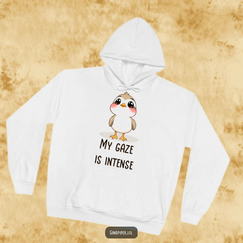 Funny Hoodie: A sandpiper bird with large, innocent, wide eyes looks upwards, embodying curiosity and awe.