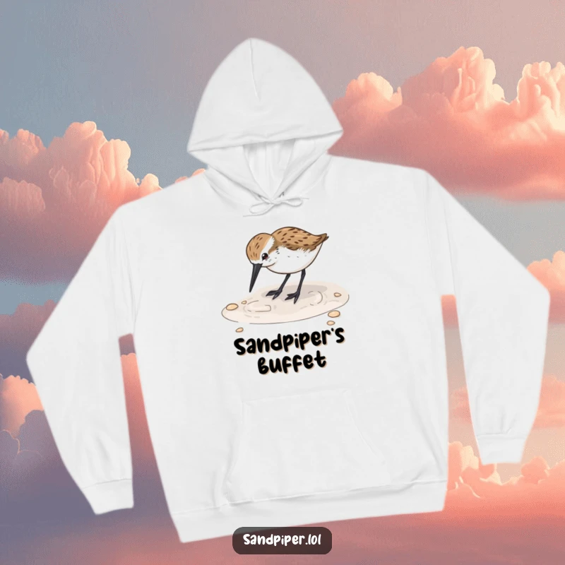 Funny Sandpiper Digging Hoodie: A delightful sandpiper bird is depicted happily digging its beak into the wet sand, perfect for warmth.