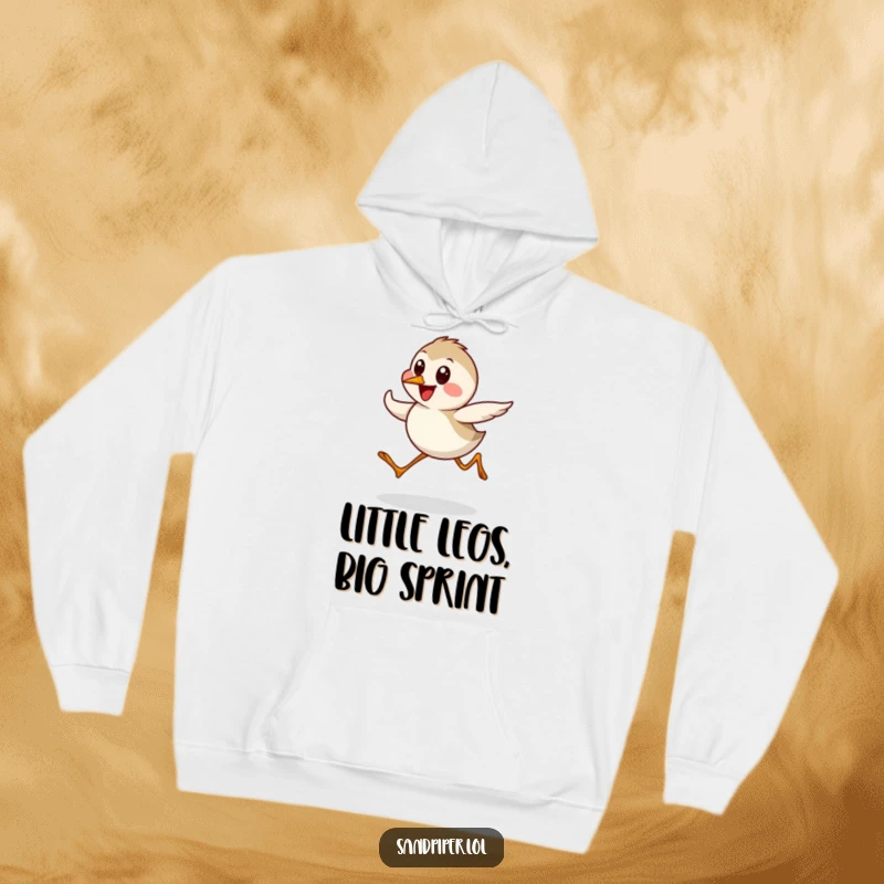 Funny Sandpiper Hoodie featuring a cute, fast-moving bird character in a cheerful dash, perfect for cozy humor lovers.
