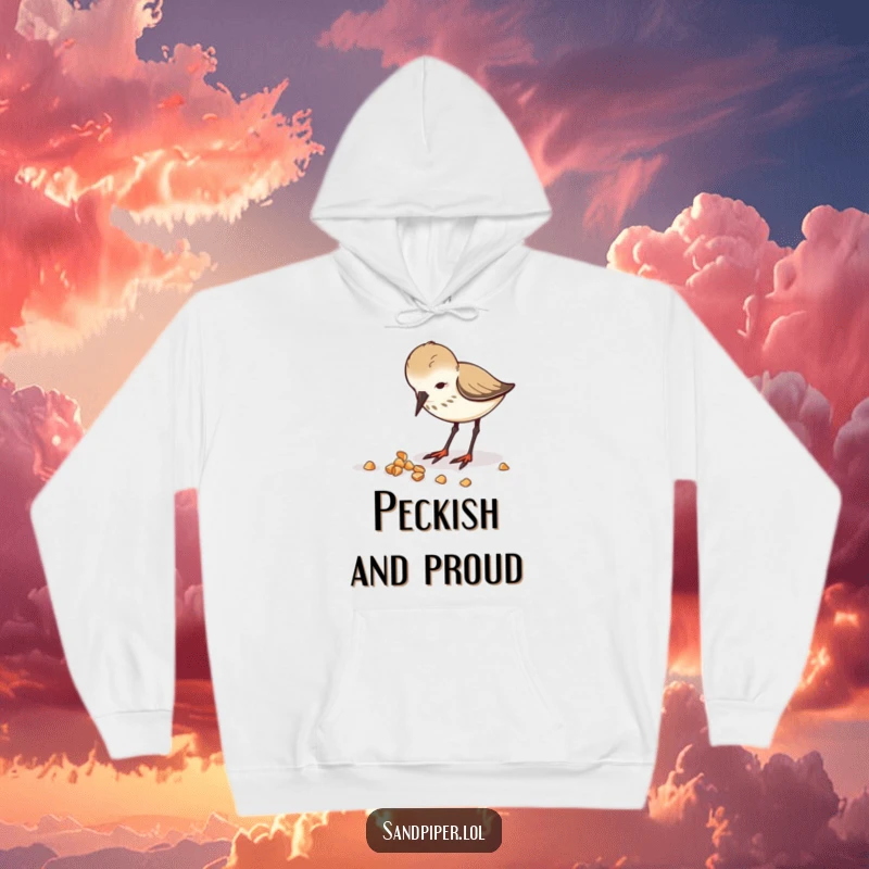 Funny hoodie featuring an excited sandpiper enthusiastically pecking at a trail of crumbs.