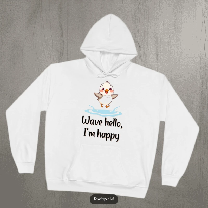 Funny Sandpiper Hoodie: A sandpiper joyfully hops over waves, a humorous and cozy design for beach lovers.